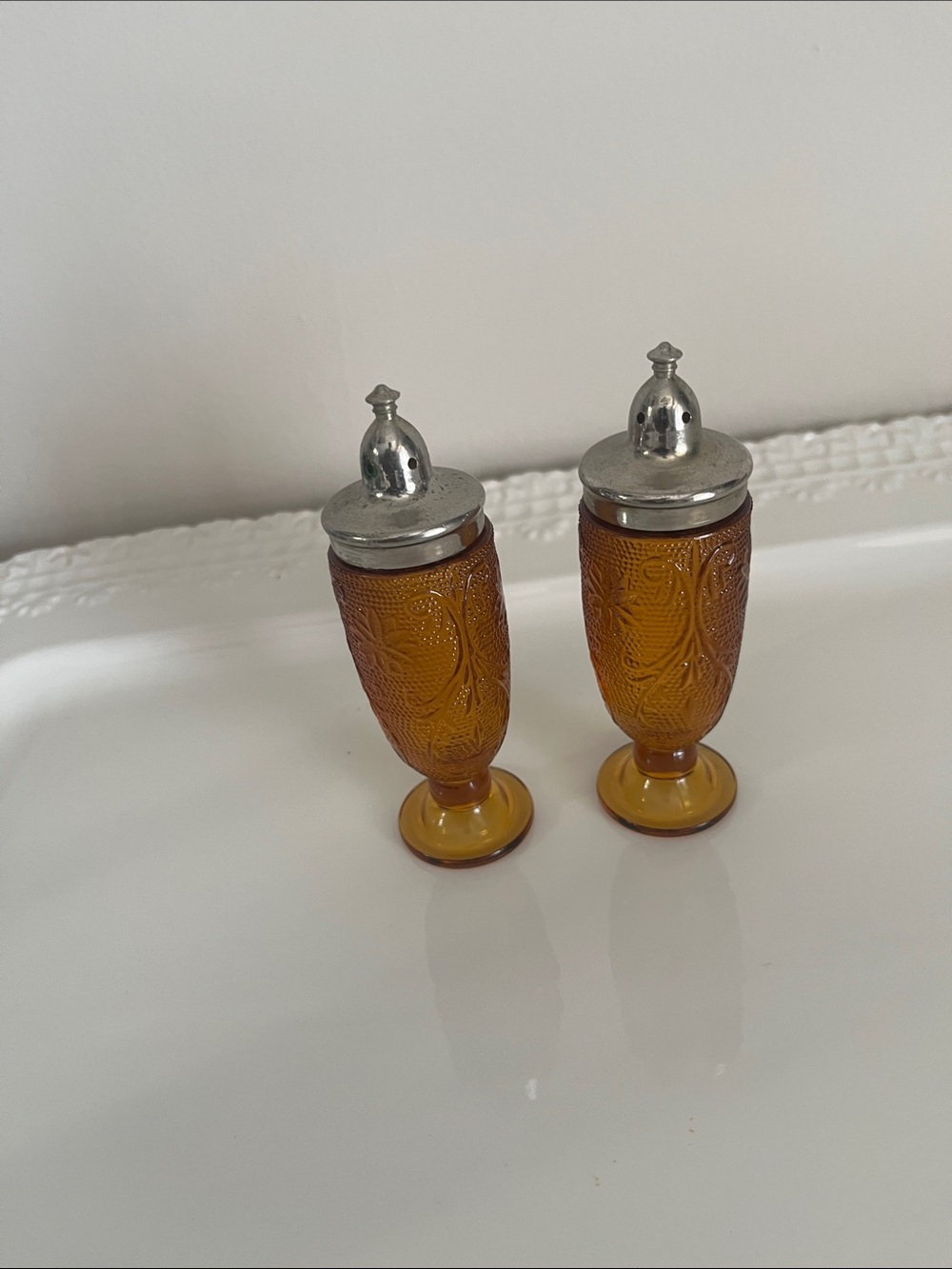 Amber Pressed Glass Salt & Pepper Shakers with Silver-Tone Tops